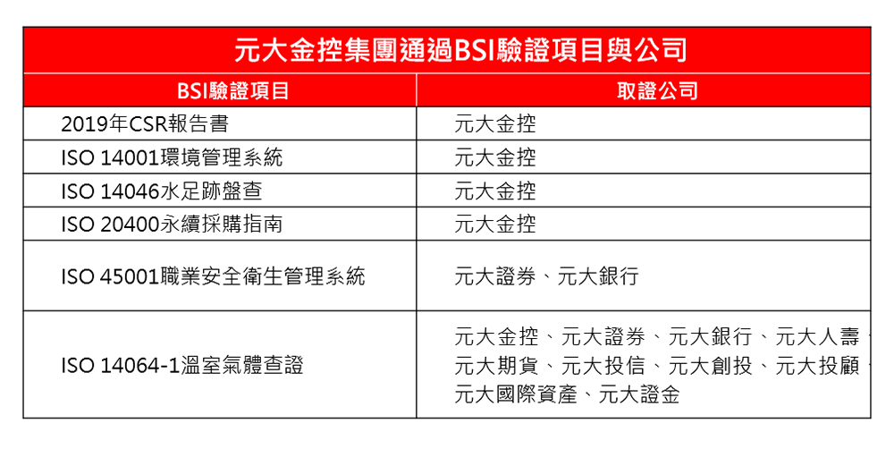 元大金控集團通過BSI驗證項目與公司