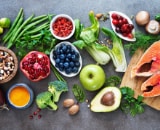 Presented collection of fresh fruit and salad laid out. 