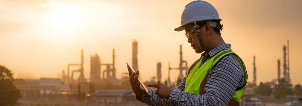 Man at construction site looking at tablet