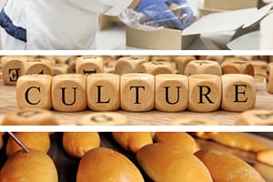 Images showing a small box being packed, bread rolls being temperature checked and the word culture