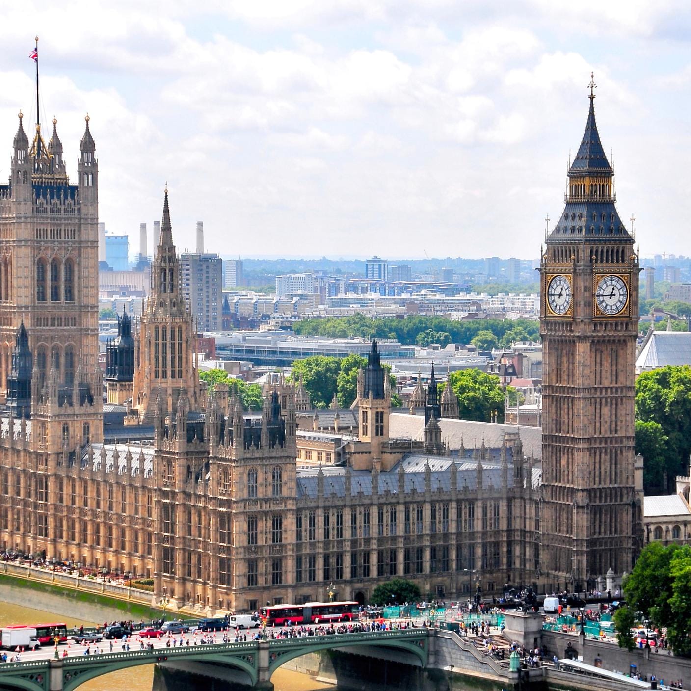 Aerial view of Big Ben and the Houses of Parliament in London