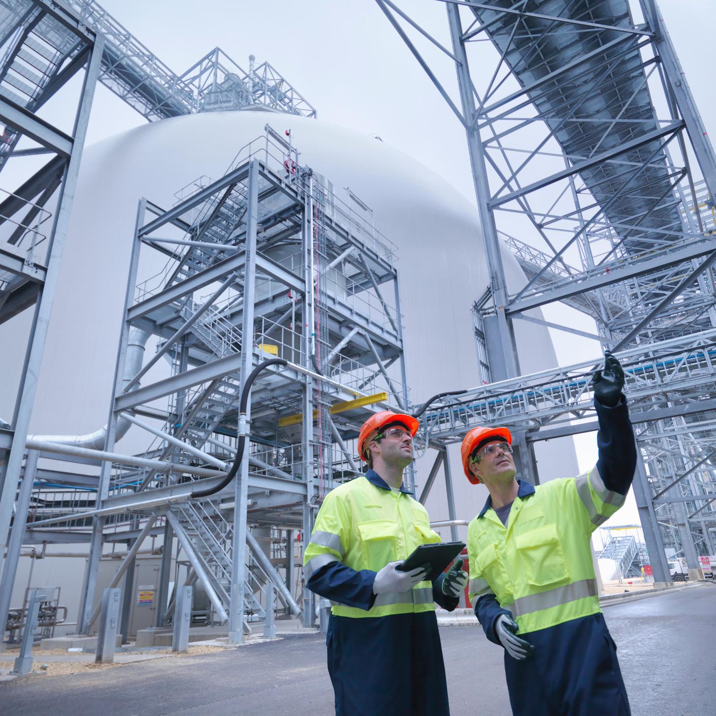 Workers in discussion in biomass facility, low angle view