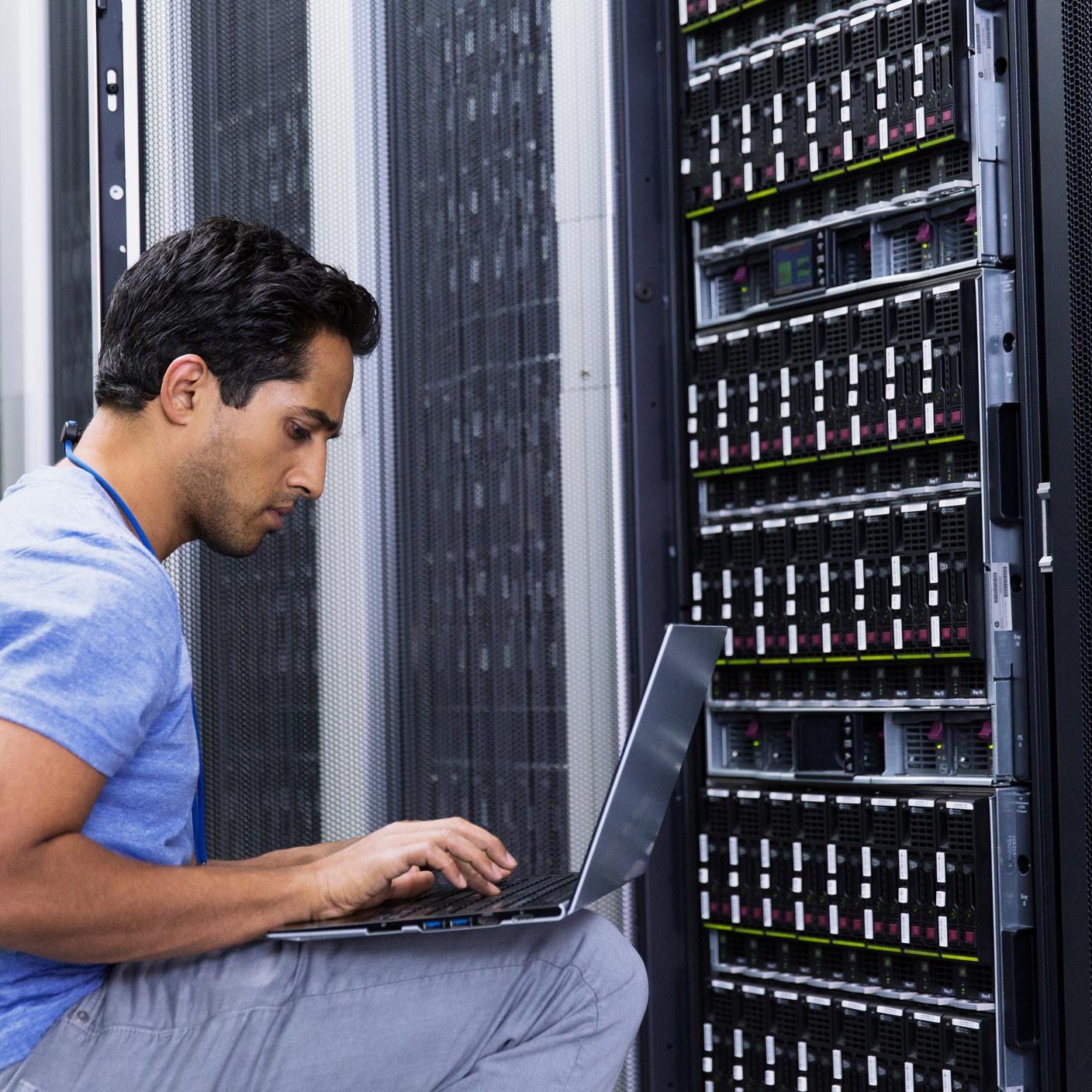 Man working in server room