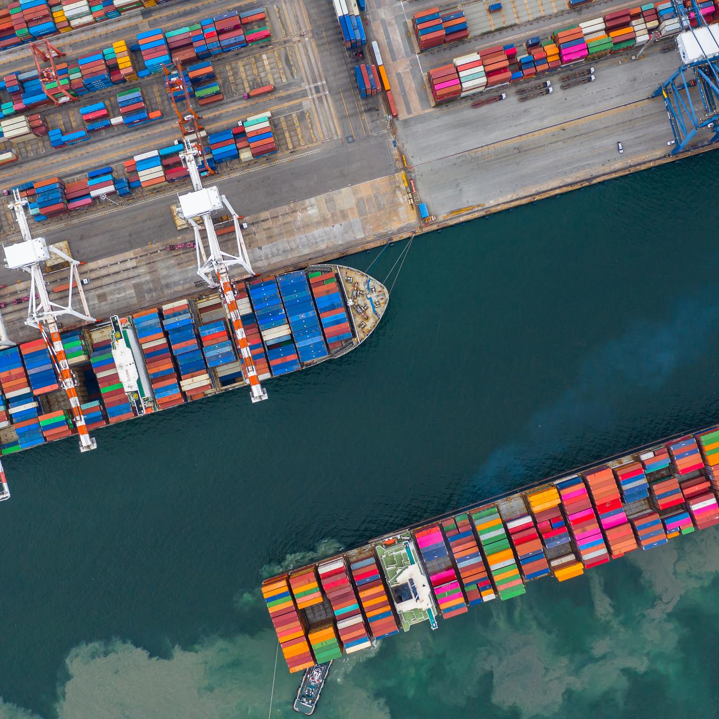 Aerial view cargo ship terminal