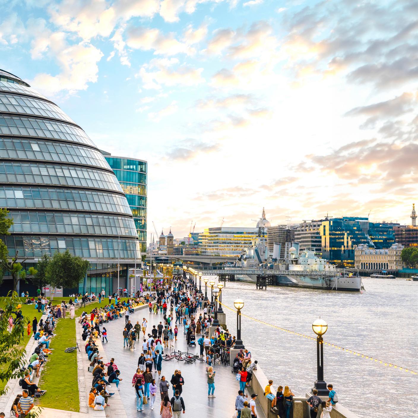 GLA Building and Thames river at sunset, London, UK