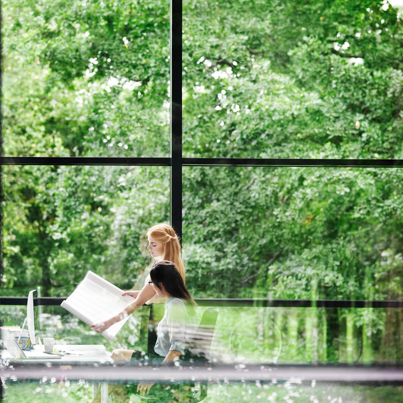 Two young professional women are working at a desk.