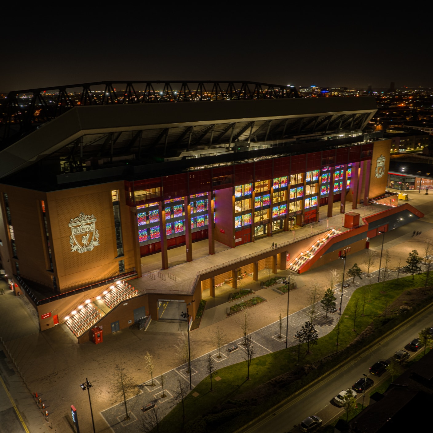 over side angle view of Liverpool FC stadium at night