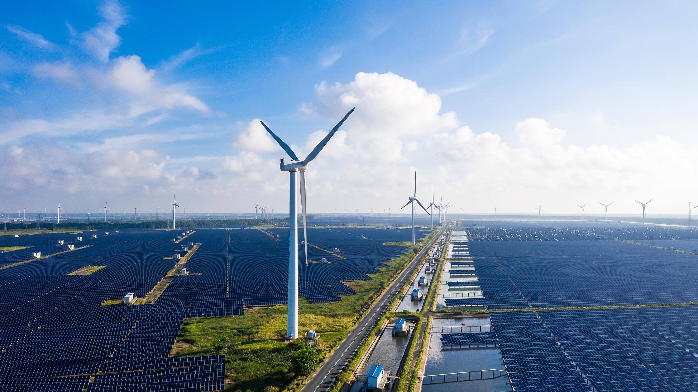 A sky view of a wind turbine